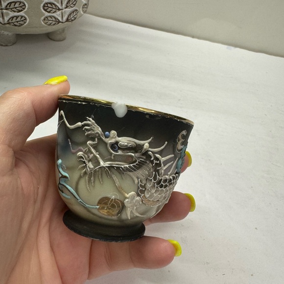 Moriage Dragon Ware Demitasse Teacup Saucer 8 Pc Set Japan Asian Gray Blue - Picture 8 of 11